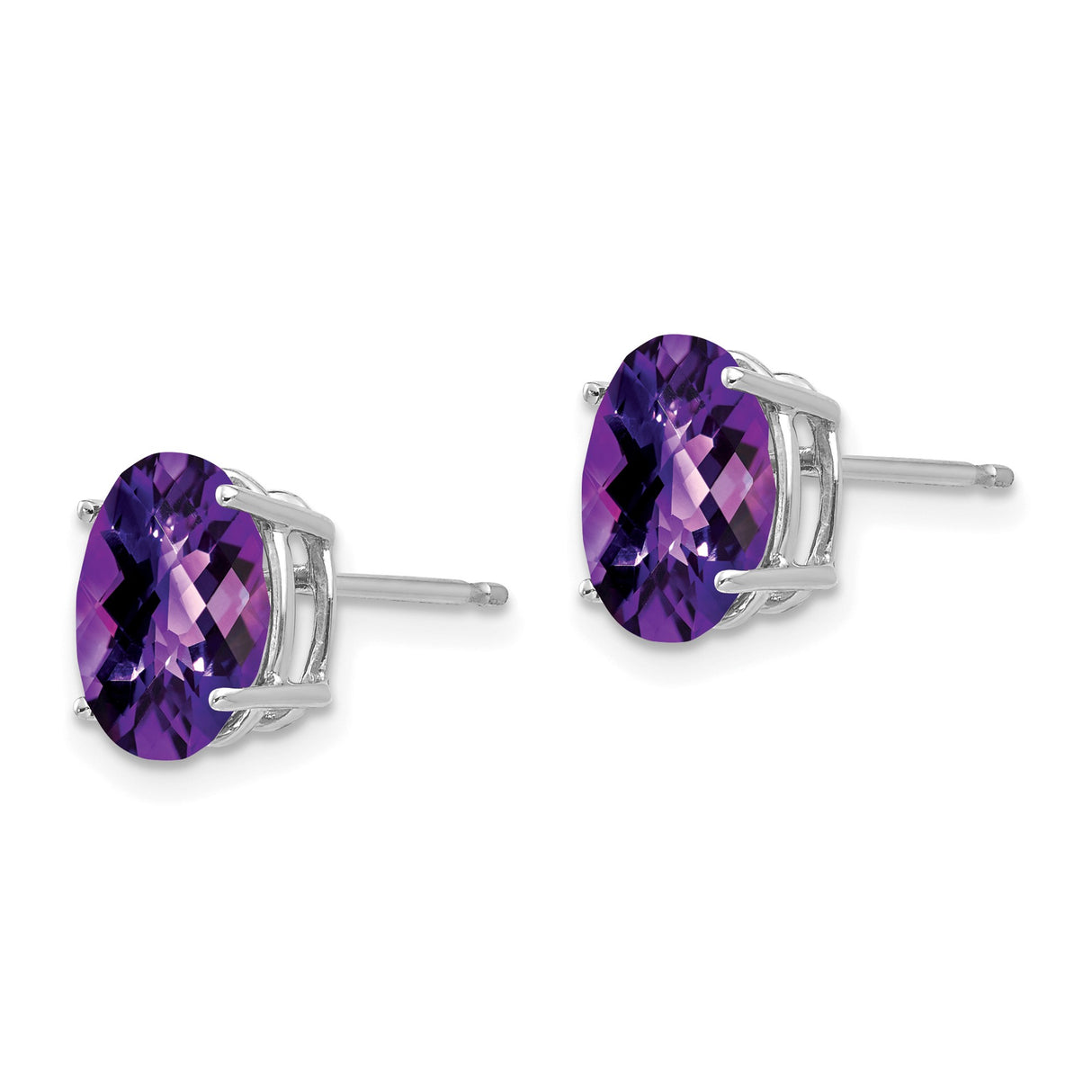 14k White Gold Amethyst Stud Earrings, Oval Faceted Gemstone, Four Prong Setting, Minimalist Style