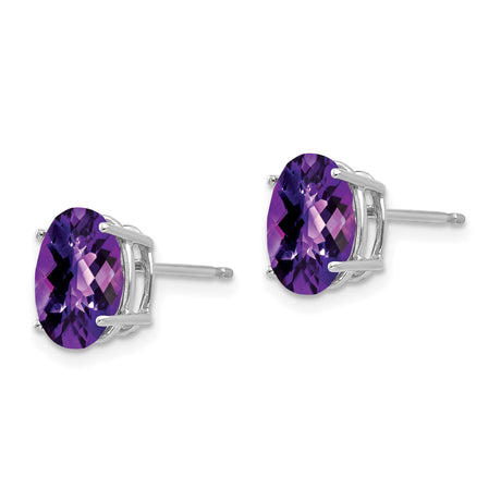 14k White Gold Amethyst Stud Earrings, Oval Faceted Gemstone, Four Prong Setting, Minimalist Style
