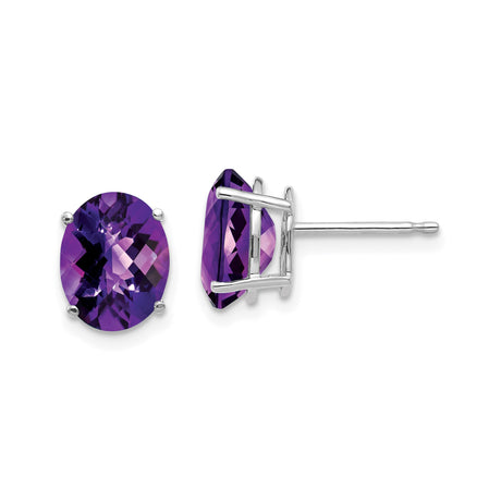 14k White Gold Amethyst Stud Earrings, Oval Faceted Gemstone, Four Prong Setting, Minimalist Style