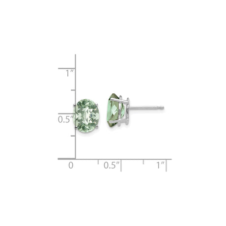 14k White Gold Stud Earrings with Oval Green Amethyst, Faceted, Minimalist Style for Women
