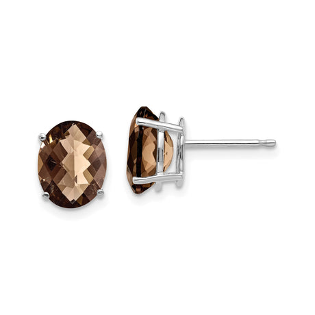 14k White Gold Smoky Quartz Stud Earrings, Oval Faceted Gemstones in Classic Four-Prong Setting
