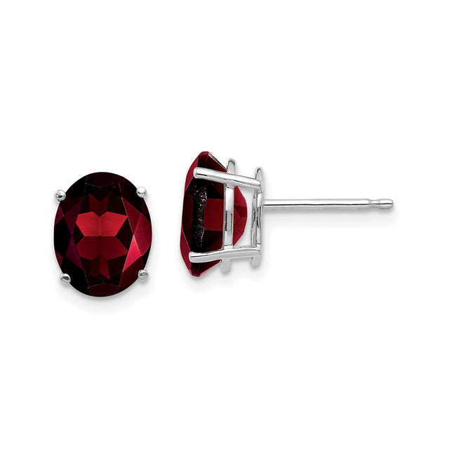 14k White Gold Garnet Stud Earrings, Oval Deep Red Birthstone Design for Women