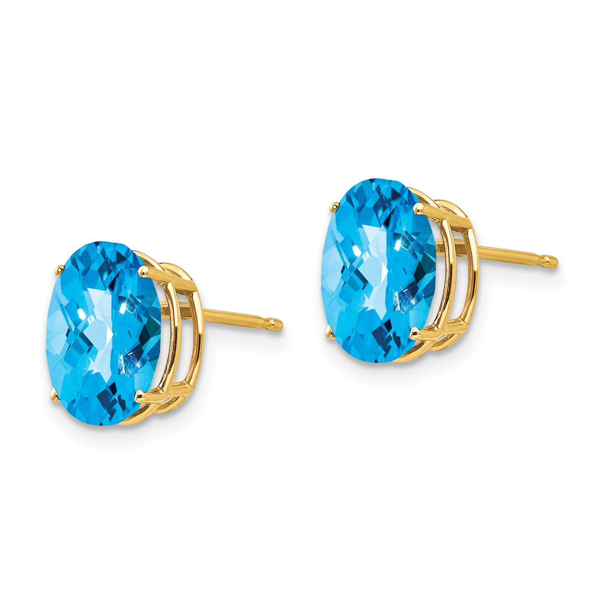 14k Yellow Gold Stud Earrings with Oval Swiss Blue Topaz, Checkerboard Cut, Dainty December Birthstone