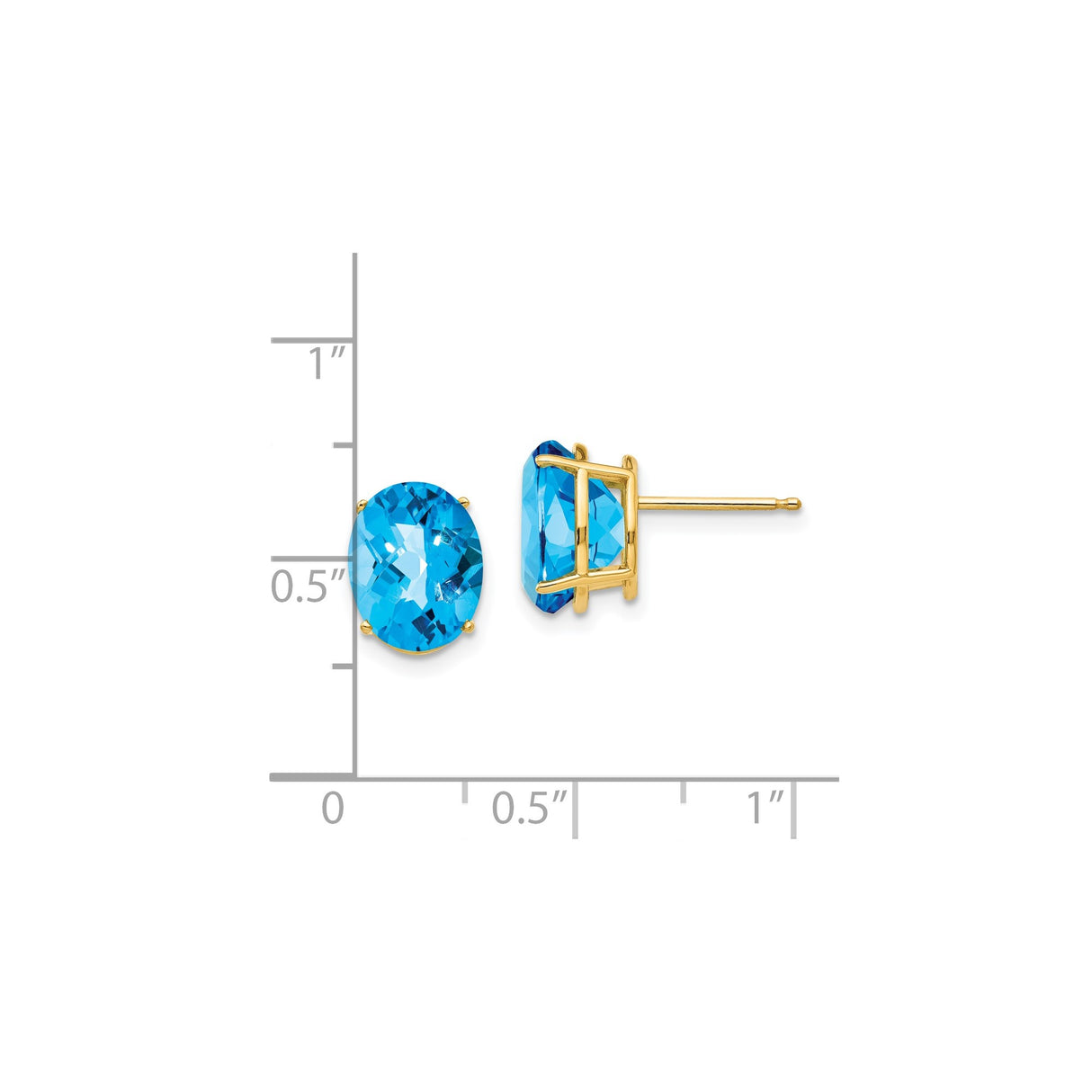 14k Yellow Gold Stud Earrings with Oval Swiss Blue Topaz, Checkerboard Cut, Dainty December Birthstone