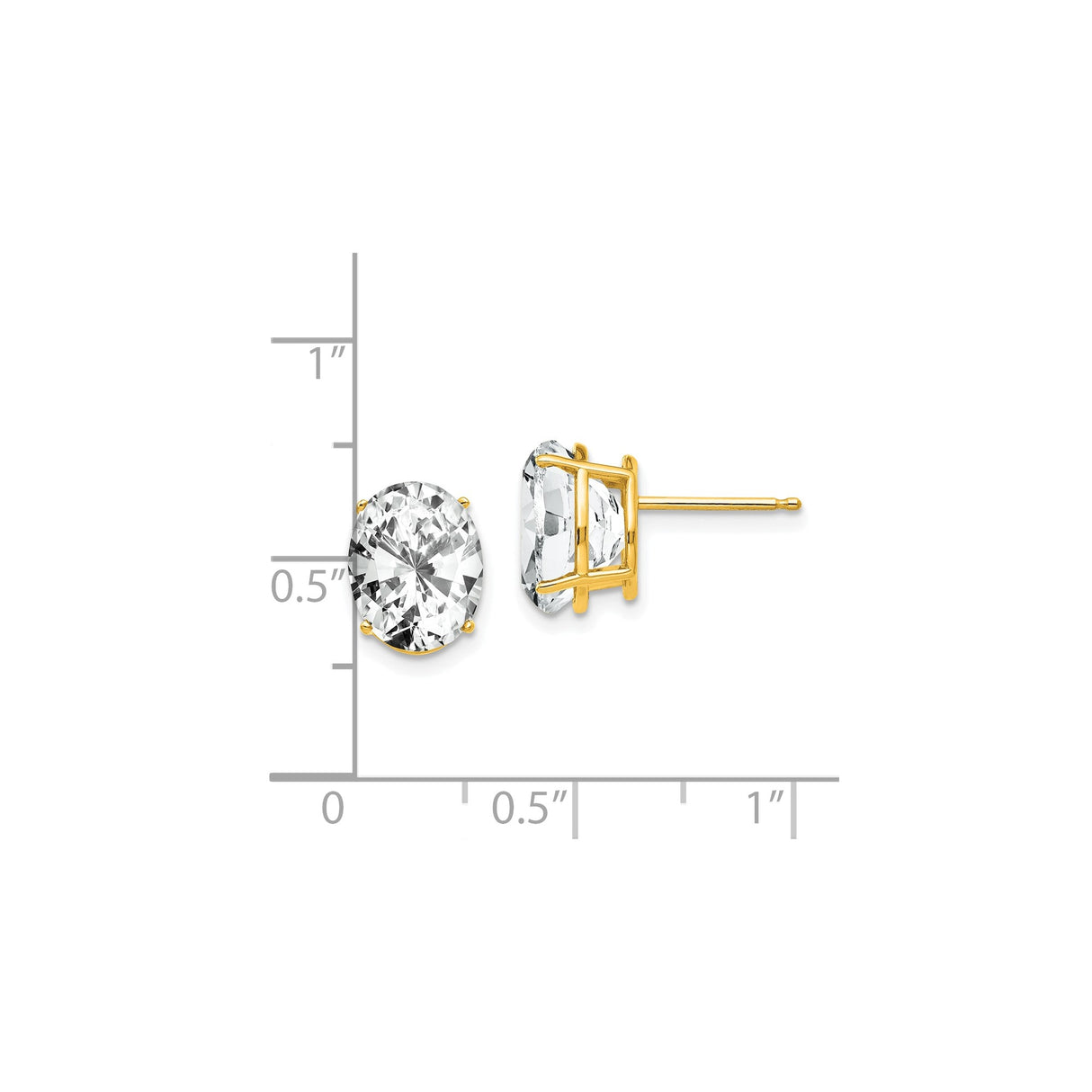 14k Yellow Gold Oval Stud Earrings with Large Clear Cubic Zirconia, Solitaire Design