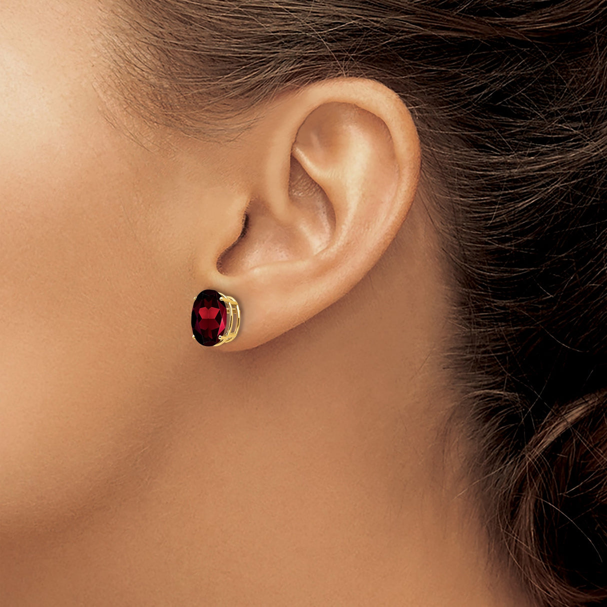 14k Yellow Gold Garnet Stud Earrings, Oval Deep Red Gemstones, Classic Prong Setting