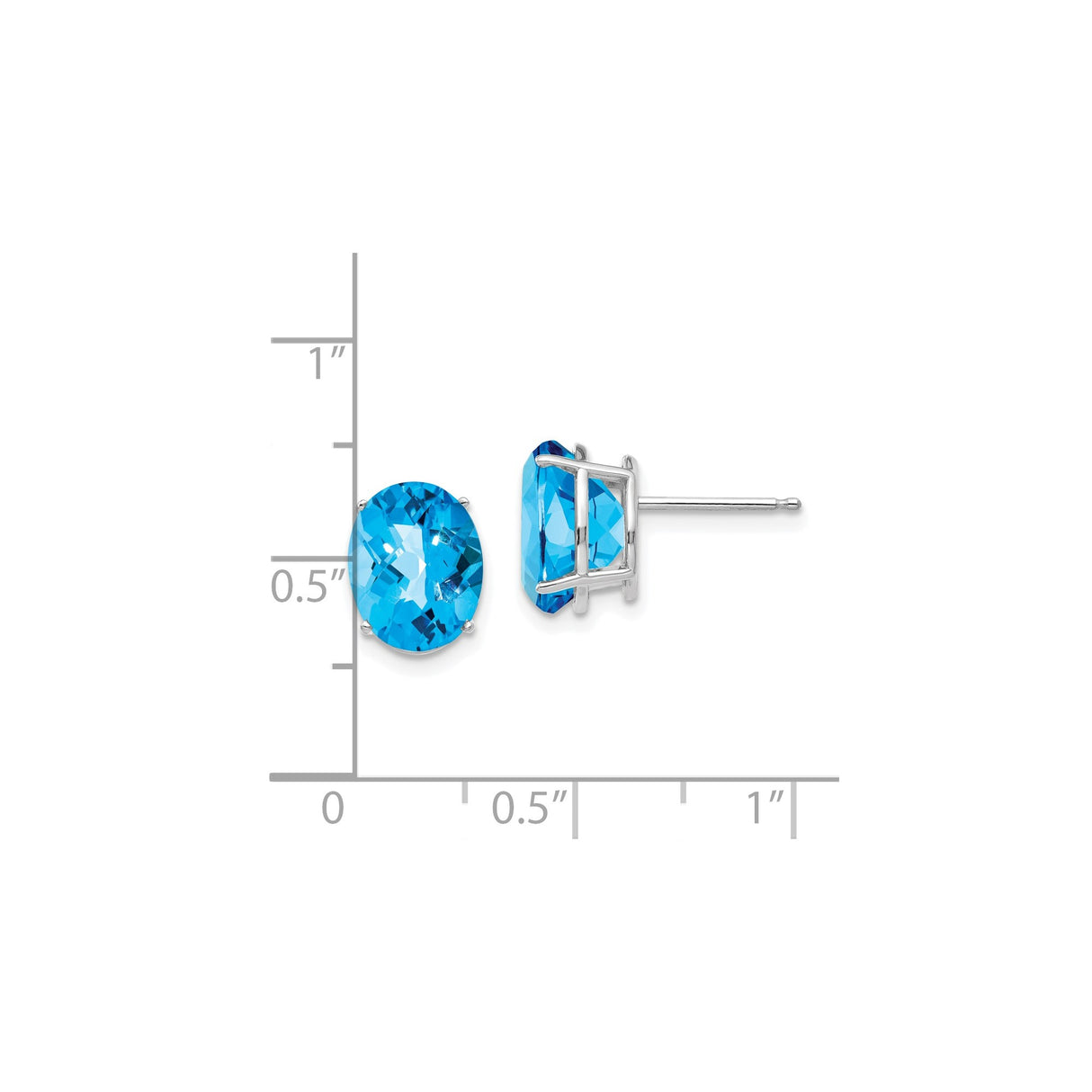 14k White Gold Stud Earrings with Swiss Blue Topaz, Oval Faceted Gemstone in Four Prong Setting