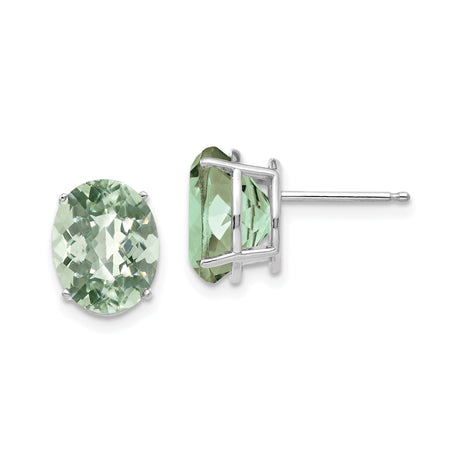 14k White Gold Green Amethyst Stud Earrings, Oval Four Prong Setting, Minimalist Jewelry for Women