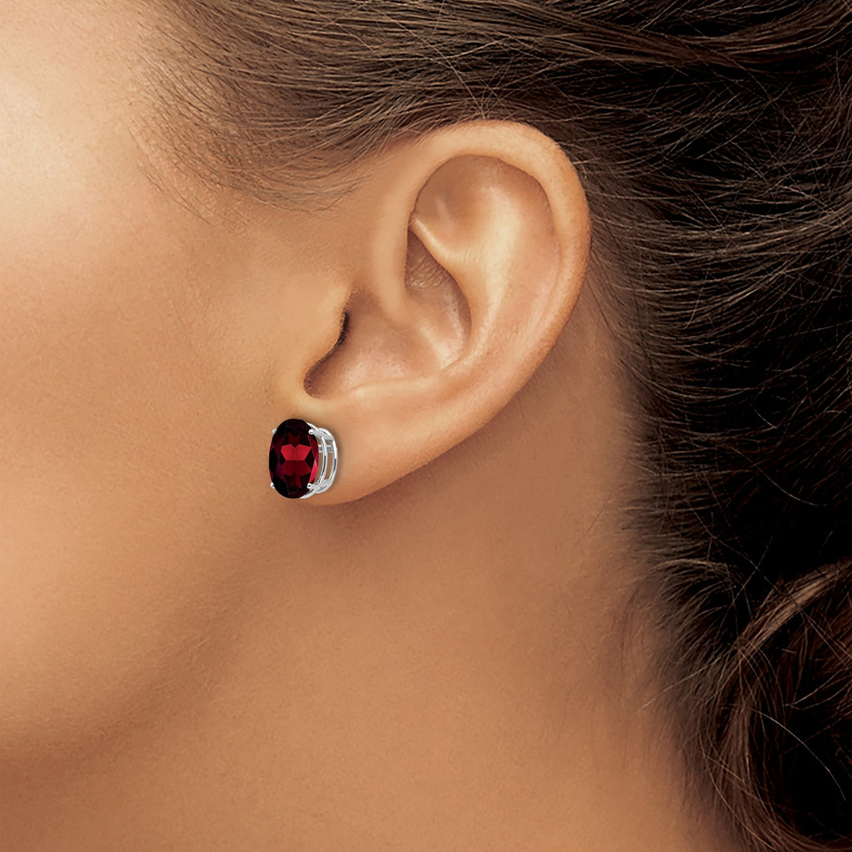 14k White Gold Garnet Stud Earrings, Oval Faceted Gemstone, Classic Four Prong Setting