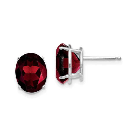 14k White Gold Garnet Stud Earrings, Oval Faceted Gemstone, Classic Four Prong Setting