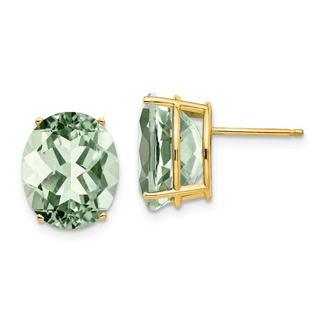 14k Yellow Gold Oval Green Amethyst Stud Earrings with Faceted Gemstones, Minimalist Style