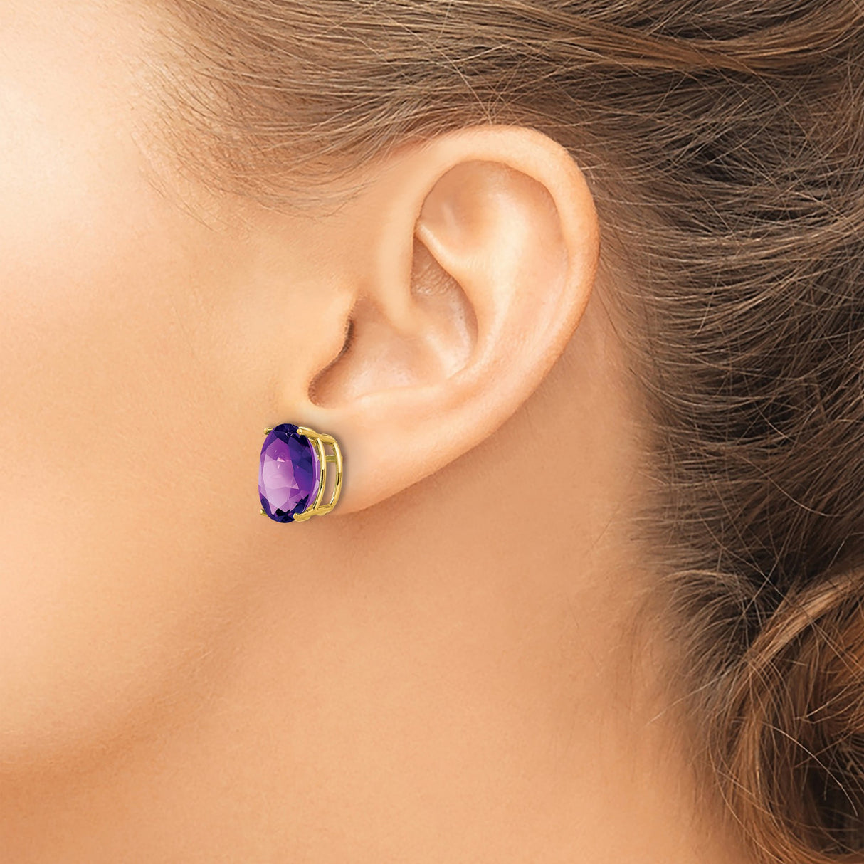 14k Yellow Gold Amethyst Stud Earrings, Oval Faceted February Birthstone Jewelry for Women