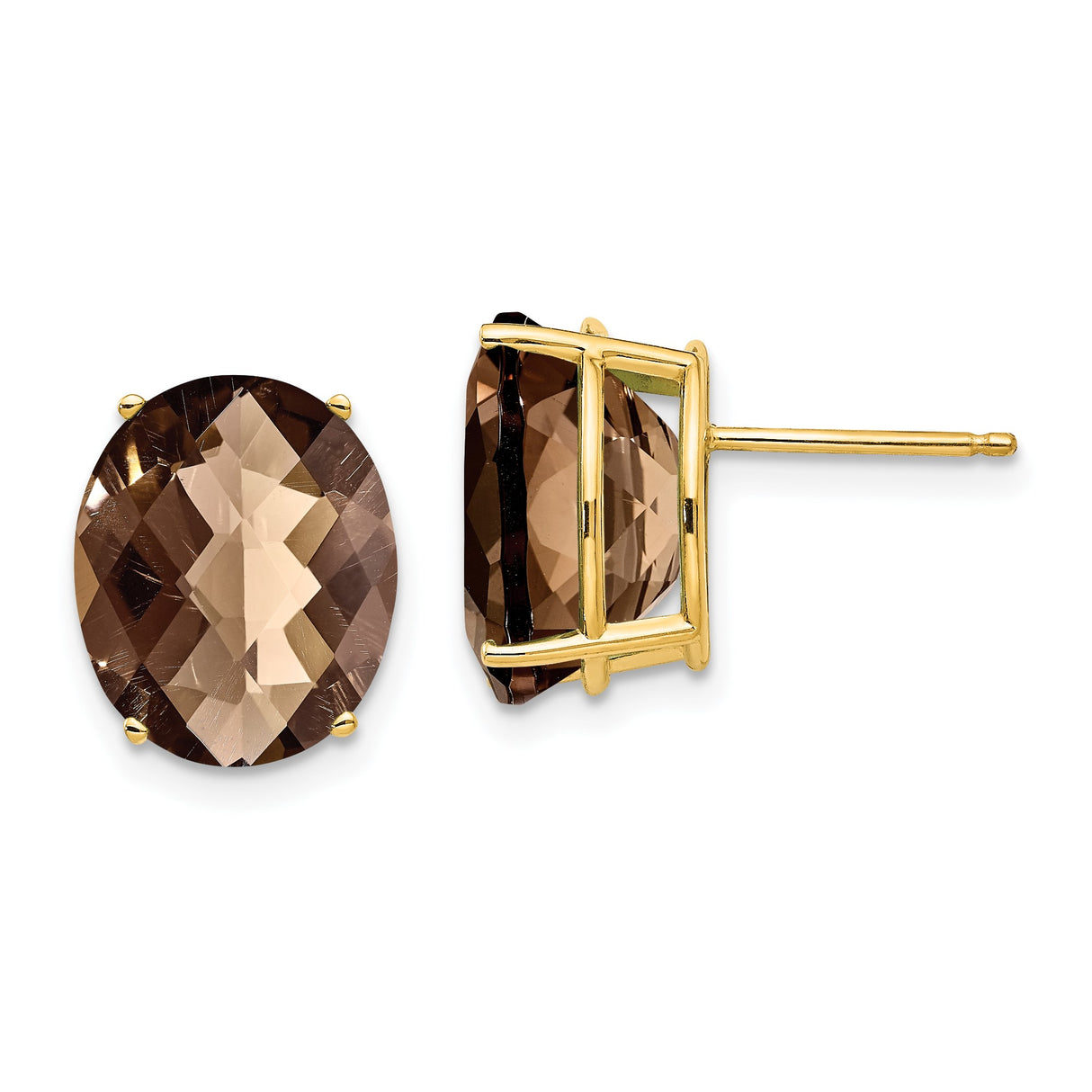 14k Yellow Gold Stud Earrings with Oval Smoky Quartz in Four Prong Setting