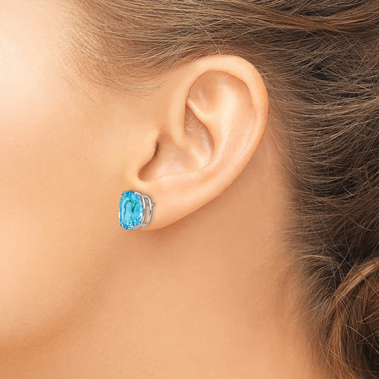 14k White Gold Oval Blue Topaz Stud Earrings, Minimalist Gemstone Style for Women