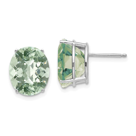 14k White Gold Oval Stud Earrings with Faceted Light Green Quartz, Minimalist Timeless Design