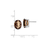 14k White Gold Smoky Quartz Stud Earrings, Oval Checker Cut Brown Gemstone Jewelry