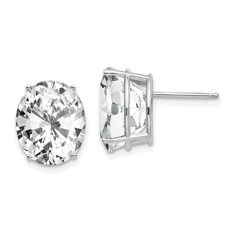 14k White Gold Oval Stud Earrings with Cubic Zirconia, Four-Prong Setting, Polished Finish