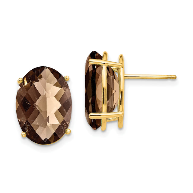 14k Yellow Gold Stud Earrings with Smoky Quartz, Oval Faceted Gemstone Design