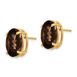 14k Yellow Gold Stud Earrings with Oval Faceted Smoky Quartz, Minimalist Style for Women