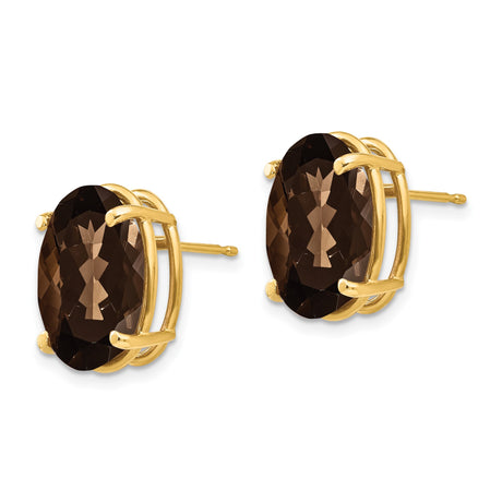 14k Yellow Gold Stud Earrings with Oval Faceted Smoky Quartz, Minimalist Style for Women