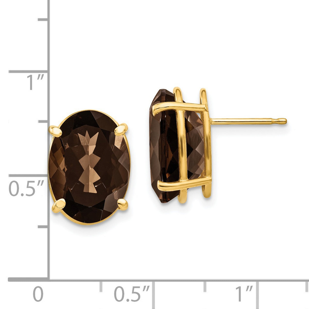 14k Yellow Gold Stud Earrings with Oval Faceted Smoky Quartz, Minimalist Style for Women