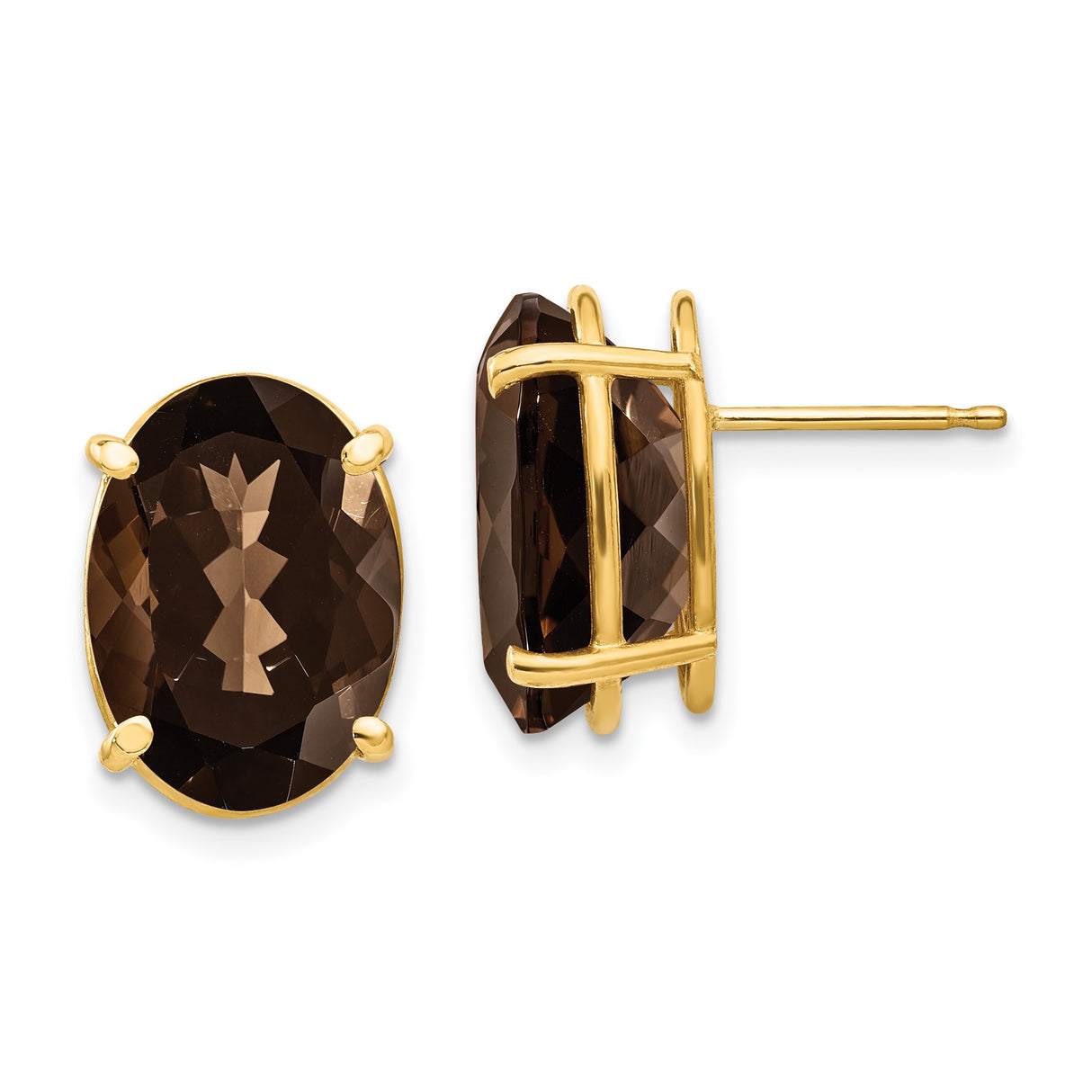 14k Yellow Gold Stud Earrings with Oval Faceted Smoky Quartz, Minimalist Style for Women