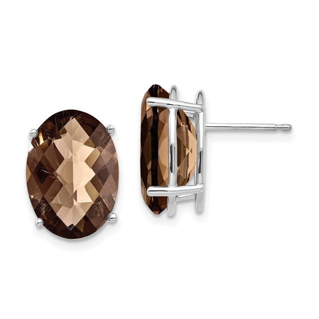 14k White Gold Stud Earrings with Oval Smoky Quartz, Faceted Checker Cut, Minimalist Style