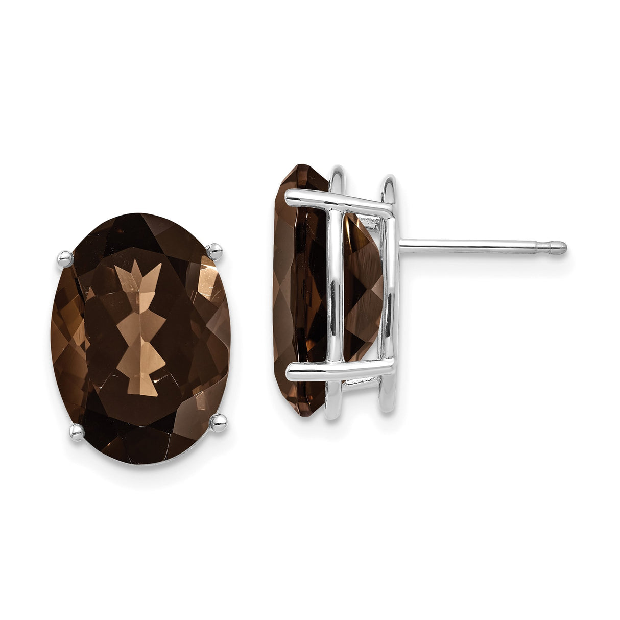 14k White Gold Stud Earrings with Smoky Quartz Oval Gemstones, Classic Womens Jewelry