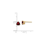 14k Yellow Gold Garnet Stud Earrings, Trillion Cut Gemstone, Three Prong Setting