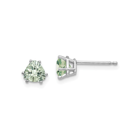 14k White Gold Stud Earrings with Trilliant Cut Light Green Quartz, Minimalist Style