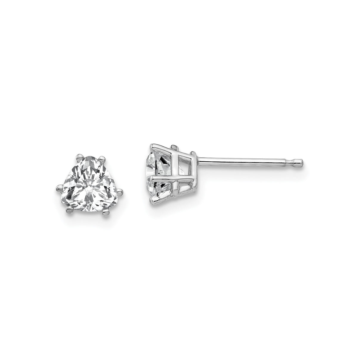 14k White Gold Trillion Cut Cubic Zirconia Stud Earrings, Three Prong Solitaire Design