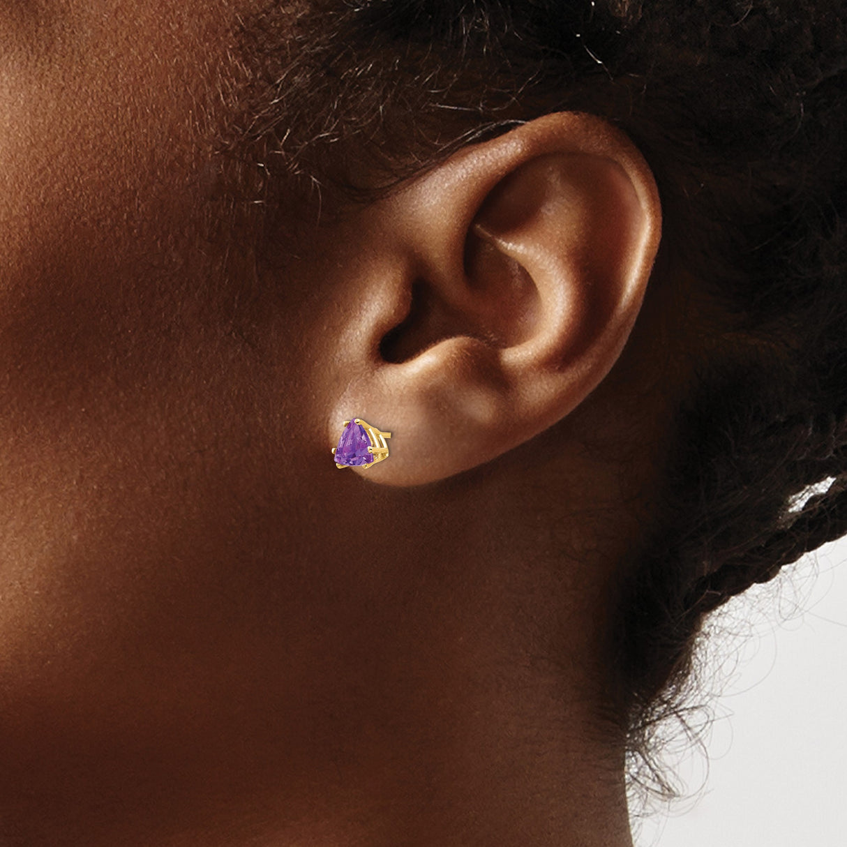 14k Yellow Gold Amethyst Triangle Stud Earrings, Trillion Cut Minimalist Design for Women