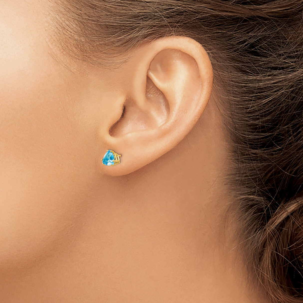14k Yellow Gold Blue Topaz Trillion Cut Stud Earrings, Geometric Triangle Design for Women