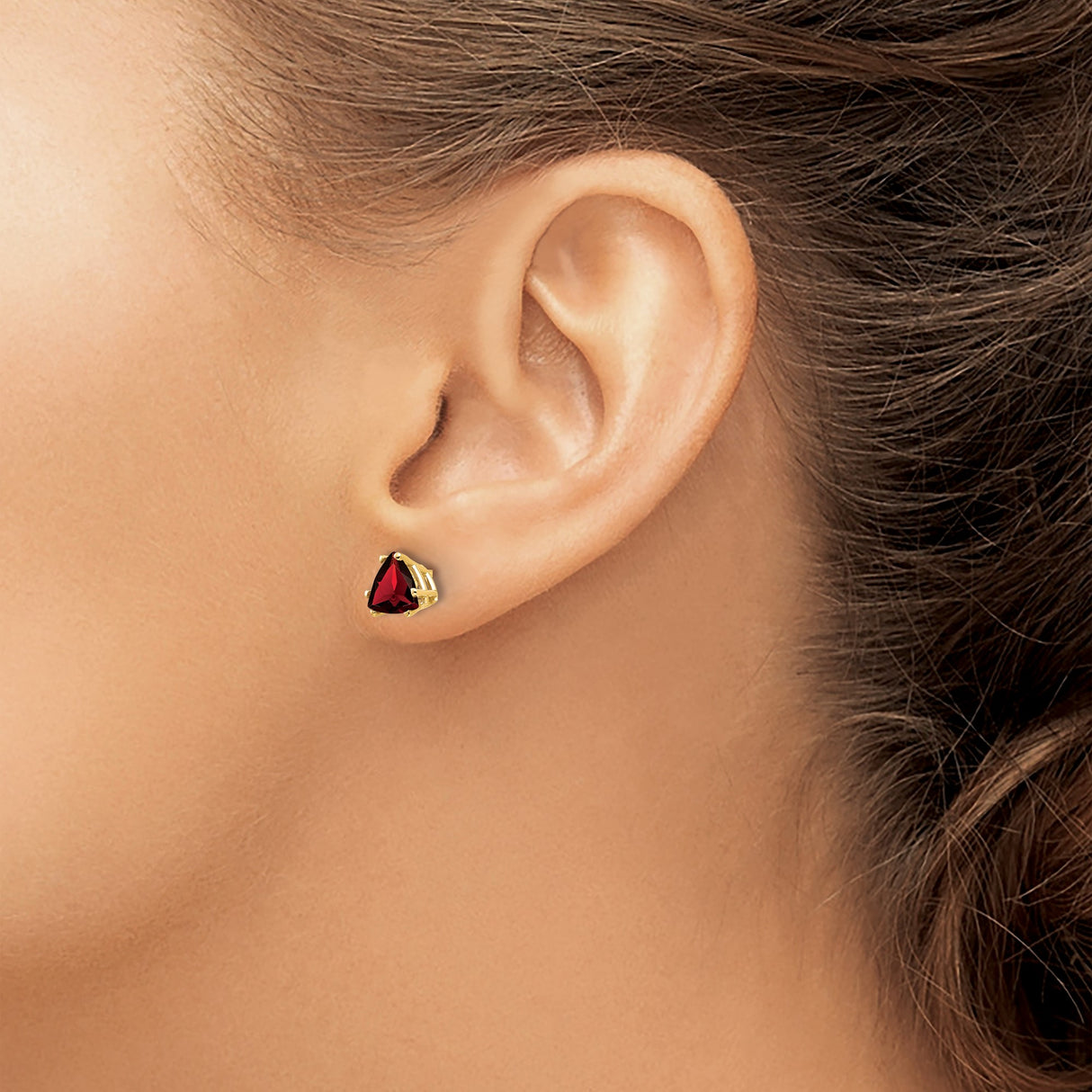 14k Yellow Gold Stud Earrings with Trillion Cut Garnet, Minimalist Gemstone Jewelry