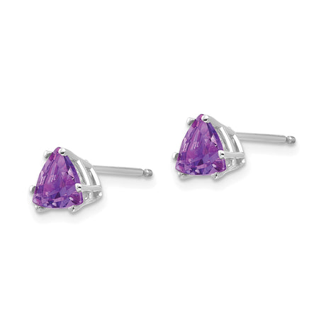 14k White Gold Stud Earrings with Trillion Cut Amethyst, Minimalist Triangle Design