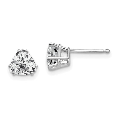 14k White Gold Stud Earrings with Trillion Cut Cubic Zirconia in Three Prong Setting