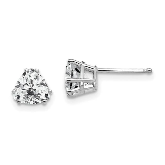 14k White Gold Stud Earrings with Trillion Cut Cubic Zirconia in Three Prong Setting