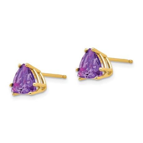 14k Yellow Gold Stud Earrings with Trillion Cut Amethyst, Minimalist Classic Design for Women