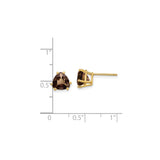 14k Yellow Gold Stud Earrings with Trillion Cut Smoky Quartz, Classic Prong Setting