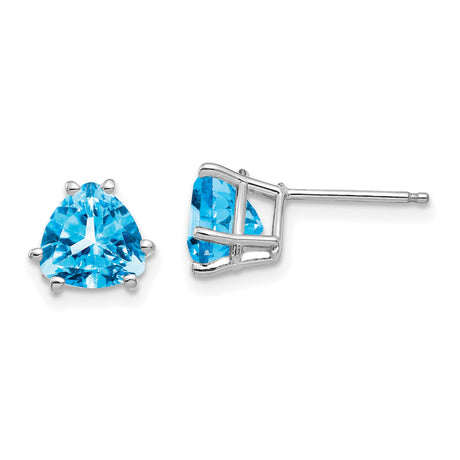 14k White Gold Stud Earrings with Trillion Cut Swiss Blue Topaz, Minimalist Gemstone Jewelry for Women