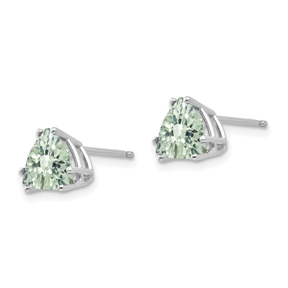 14k White Gold Triangle Stud Earrings with Trillion Cut Green Quartz, Minimalist Modern Design