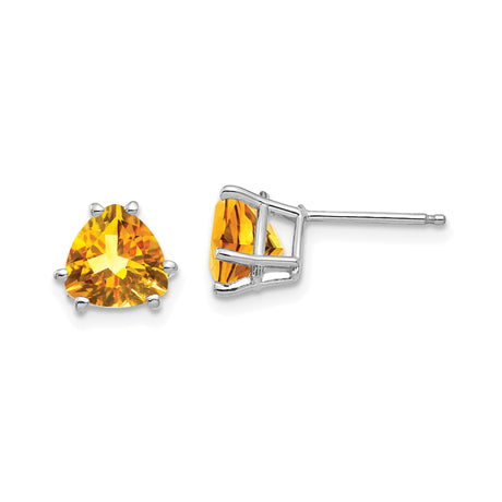 14k White Gold Citrine Trillion Cut Stud Earrings, Three-Prong Setting, Minimalist Style