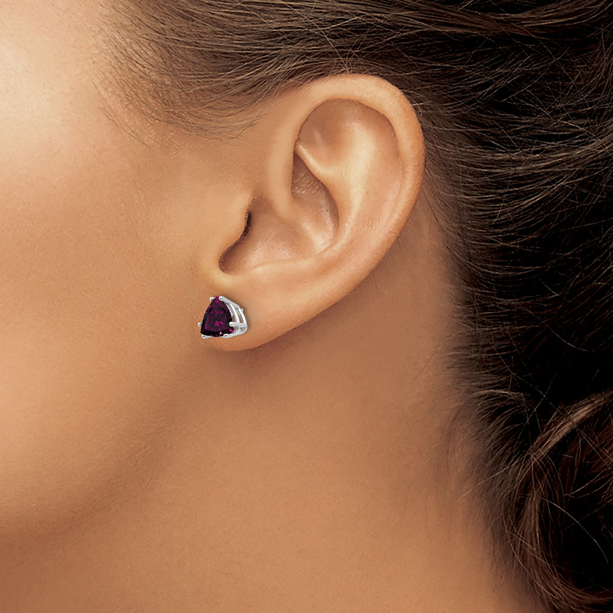 14k White Gold Trillion Cut Rhodolite Garnet Stud Earrings, Modern Minimalist Style