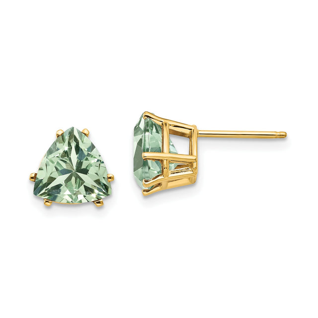 14k Yellow Gold Trillion Cut Green Quartz Stud Earrings, Minimalist Fine Jewelry for Women