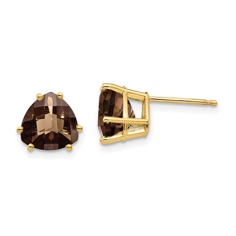 14k Yellow Gold Stud Earrings with Trillion Cut Smoky Quartz, Classic Prong Setting for Women