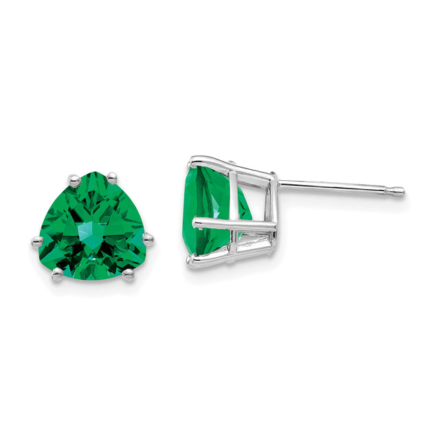 14k White Gold Stud Earrings with Trillion Cut Green Helenite, Prong Setting, Modern Design