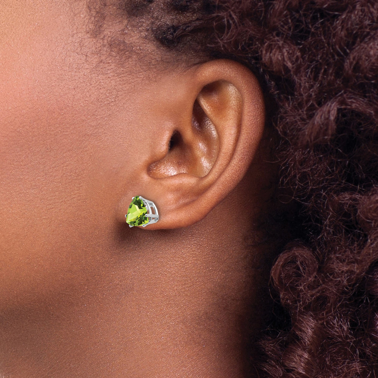 14k White Gold Peridot Stud Earrings, Trillion Cut, Modern Minimalist Design for Women