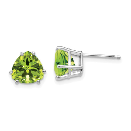 14k White Gold Peridot Stud Earrings, Trillion Cut, Modern Minimalist Design for Women