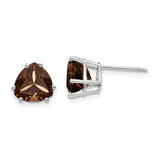 14k White Gold Stud Earrings with Smoky Quartz, Trillion Cut Triangle Design for Women
