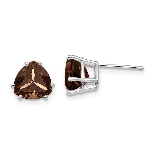 14k White Gold Stud Earrings with Smoky Quartz, Trillion Cut Triangle Design for Women